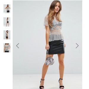 Mesh gray sheer top with sequins & beads
